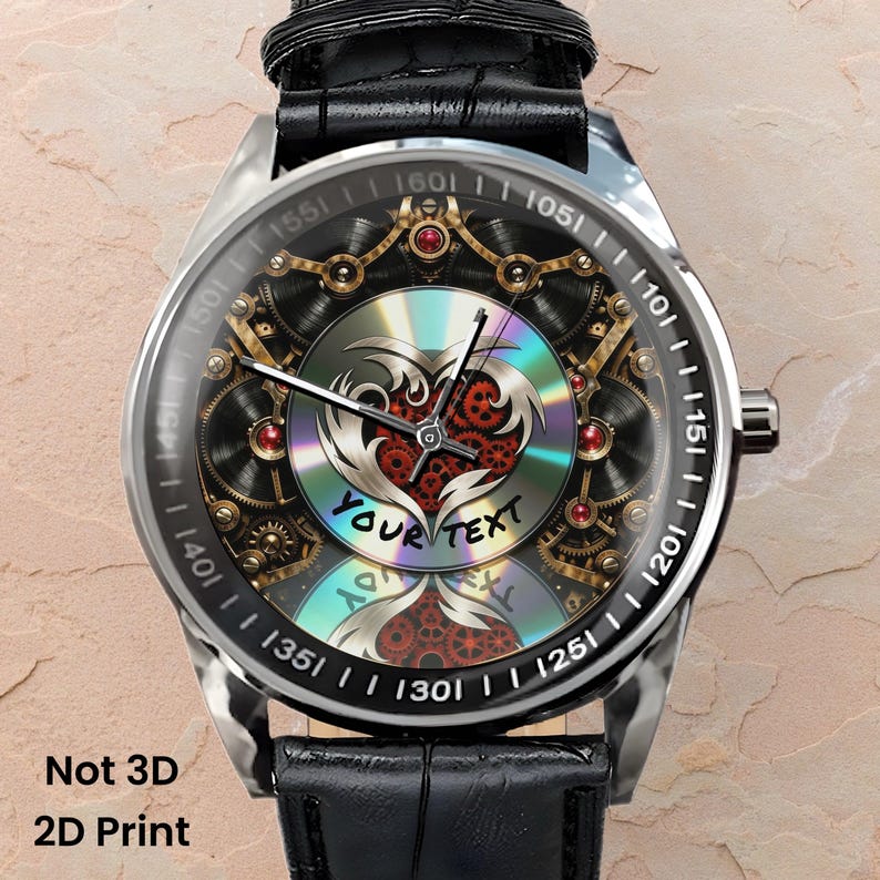 Steampunk Music Fan Watch - Heart & Retro Vinyl Record Wristwatch image 2
