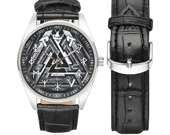 Viking Shield Watch, Valknut Pagan Jewelry, Unique Watches with Leather Band Handmade Stainless Steel Leather Watches