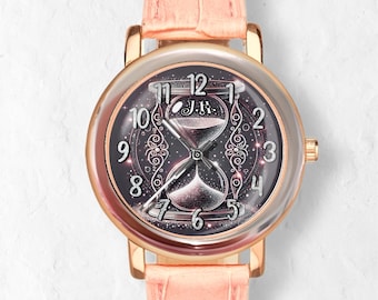 Hourglass Watch, With Glitter Style Art, Pink Leather Band, Rose Gold Watch with Initials, Unique Unisex Watches, Adults and Kids Gifts