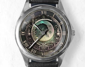 Moon Phase Watch: Celtic Roman Numeral Celestial Timepiece Handmade Stainless Steel Leather Watches