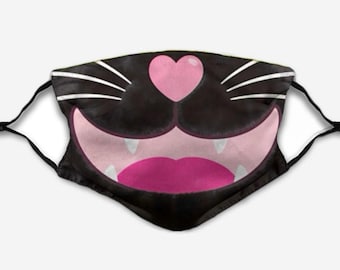 Black Cat Mask - Pink Heart Kitty Face Cover - Halloween Costume Half Mask Kids