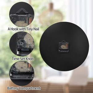 May include: Black round clock back with a hook, time set knob, and battery compartment. The image text reads: "A Hook with Tiny Nail", "Time Set Knob", and "Battery Compartment".