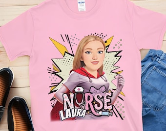Personalized Nurse Superhero Shirt: Custom Face Gift for Nurses, Cartoon Portrait Tee