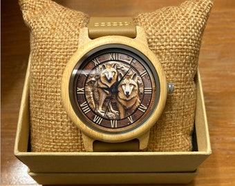 Men’s Wolf Watch, Wooden Wristwatch, Engraved Gifts, Faux Carved Wolves, Printed Watch, Unique Watch, Watches for Men, Custom gift for Him