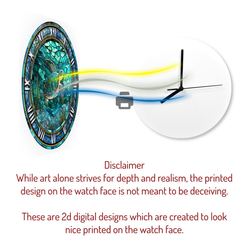 May include: A white wall clock with black hands and a second clock face featuring a sea turtle design. The turtle design is in shades of blue, green, and gold, with Roman numerals around the edge. The image includes the text "Disclaimer".