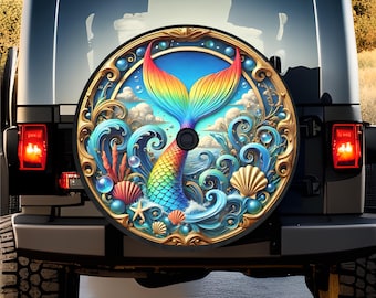 Mermaid Ocean Waves Tire Cover: Beach Car AccessoriesPolyester All Weather Handmade Cover for Spare Tire