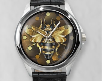 Gold Bee Watch: Wabenzifferblatt, handgefertigte Edelstahl-Lederuhren, Geschenk für Bienenliebhaber