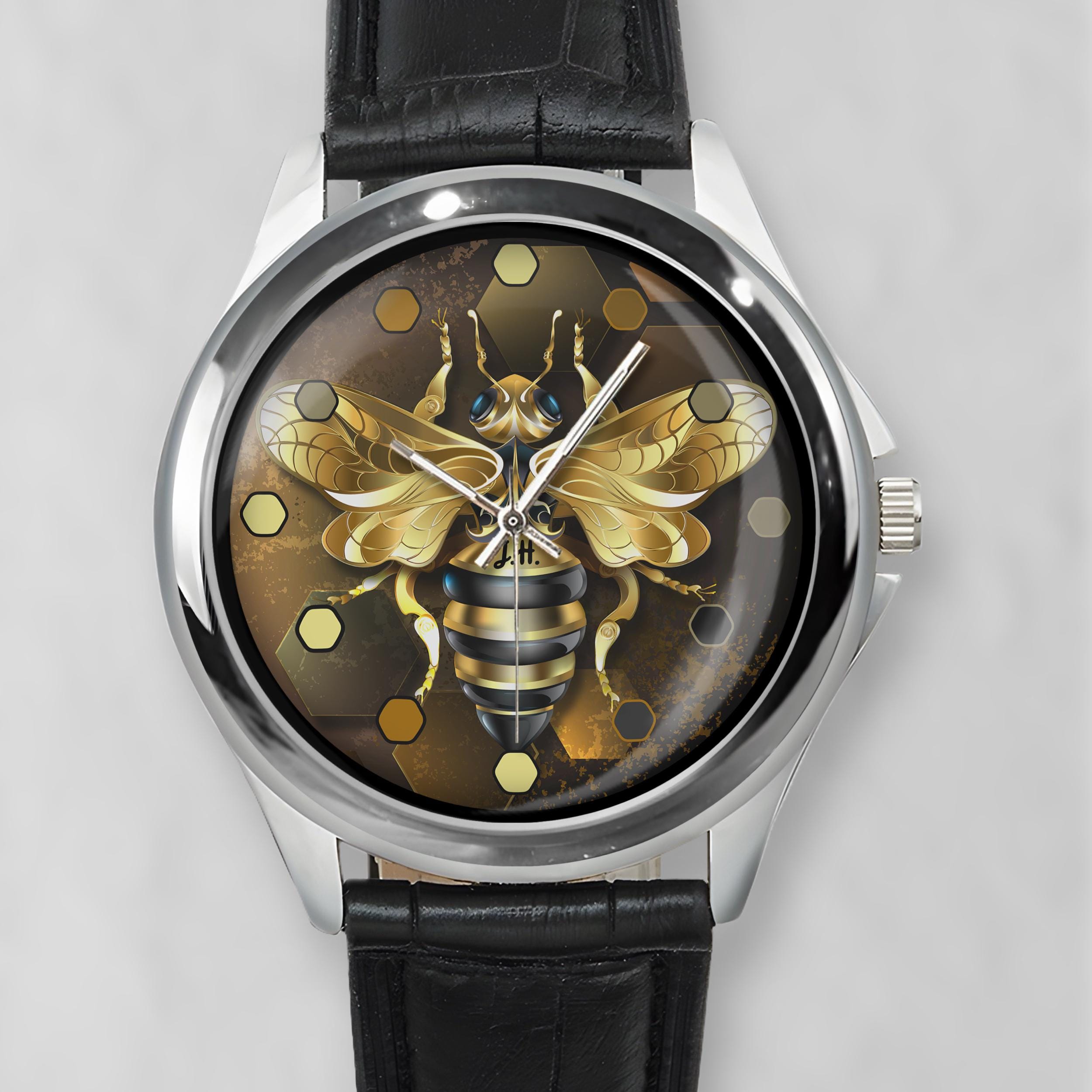 Gold Bee Watch: Honeycomb Dial, Handmade Stainless Steel  display picture 3