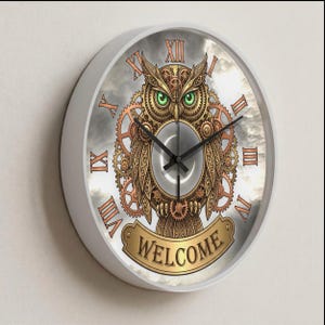 Steampunk Wall Clock, Owl Wall Decor – 2D Printed Mechanical Owl Welcome Sign Clock