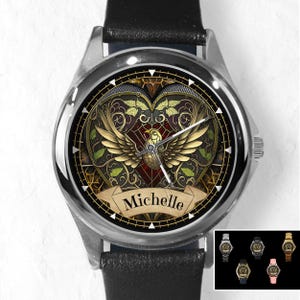 Nouveau Bird Art Watch: Personalized Text Banner, Unisex Timepiece