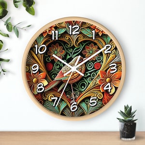 Clocks for Women, Bird Clock, Floral Clock, Flower Wall Art, Printed Wall Clock, Kitchen Clock, Bird Lover Gift, Mother’s Day Gift, Mom gift