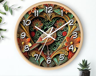 Floral Bird Wall Clock: 10 Inch Wooden Frame, Silent Mechanism