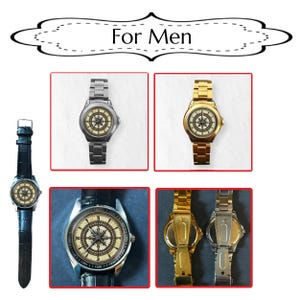 May include: Collection of men's watches with compass-style faces. The watches feature silver and gold metal bands and black leather straps. The image includes the text "For Men" in a decorative banner.
