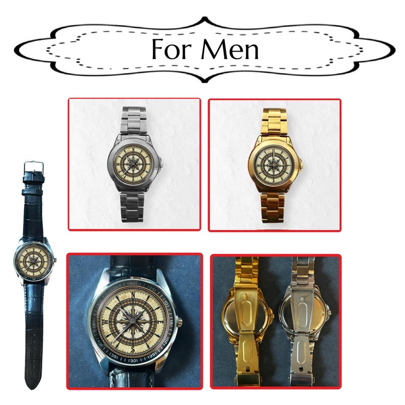 May include: Collection of men's watches with compass-style faces. The watches feature silver and gold metal bands and black leather straps. The image includes the text "For Men" in a decorative banner.