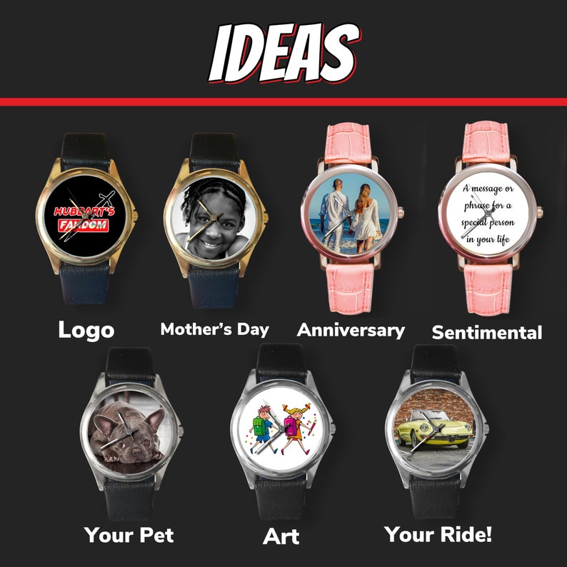 May include: A collage of nine different watch faces with various images, including a logo, a child, a couple, a message, a pet, a cartoon, and a car. The watch faces are all on black leather bands.