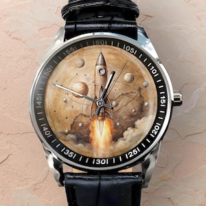 Horloges voor heren, vintage rakethorloge in kaartstijl, uniek horloge, tijdloos cadeau, herenuurwerk, zwart leren duikhorloge in duikerstijl