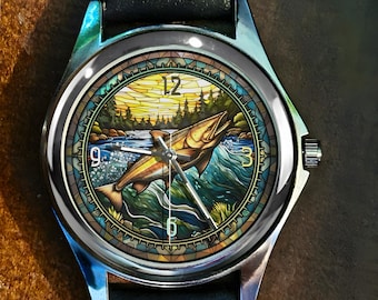 Angeluhr: Buntglas-Effekt, Fischer-Geschenk-handgefertigte Edelstahl-Lederuhren