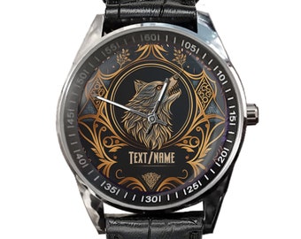 Personalized Wolf Watch: Stainless Steel, Leather Band, Custom Initials