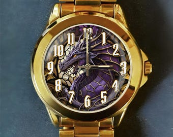 Dragon Watch, Stained Glass Design, Stainless Steel or Leather Band, Watches for Adults and Kids age 8+
