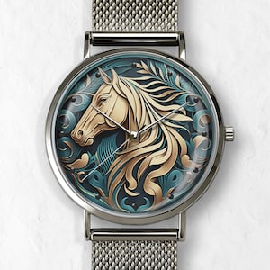 Horse Medallion Watch: Stainless Steel Milanese Band, Rancher Gift