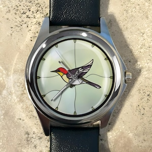 Stained Glass Bird Watch: Leather or Steel Band, Red Gift Box