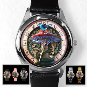 Mushroom Watch: Whimsical Snake & Bird Art Timepiece
