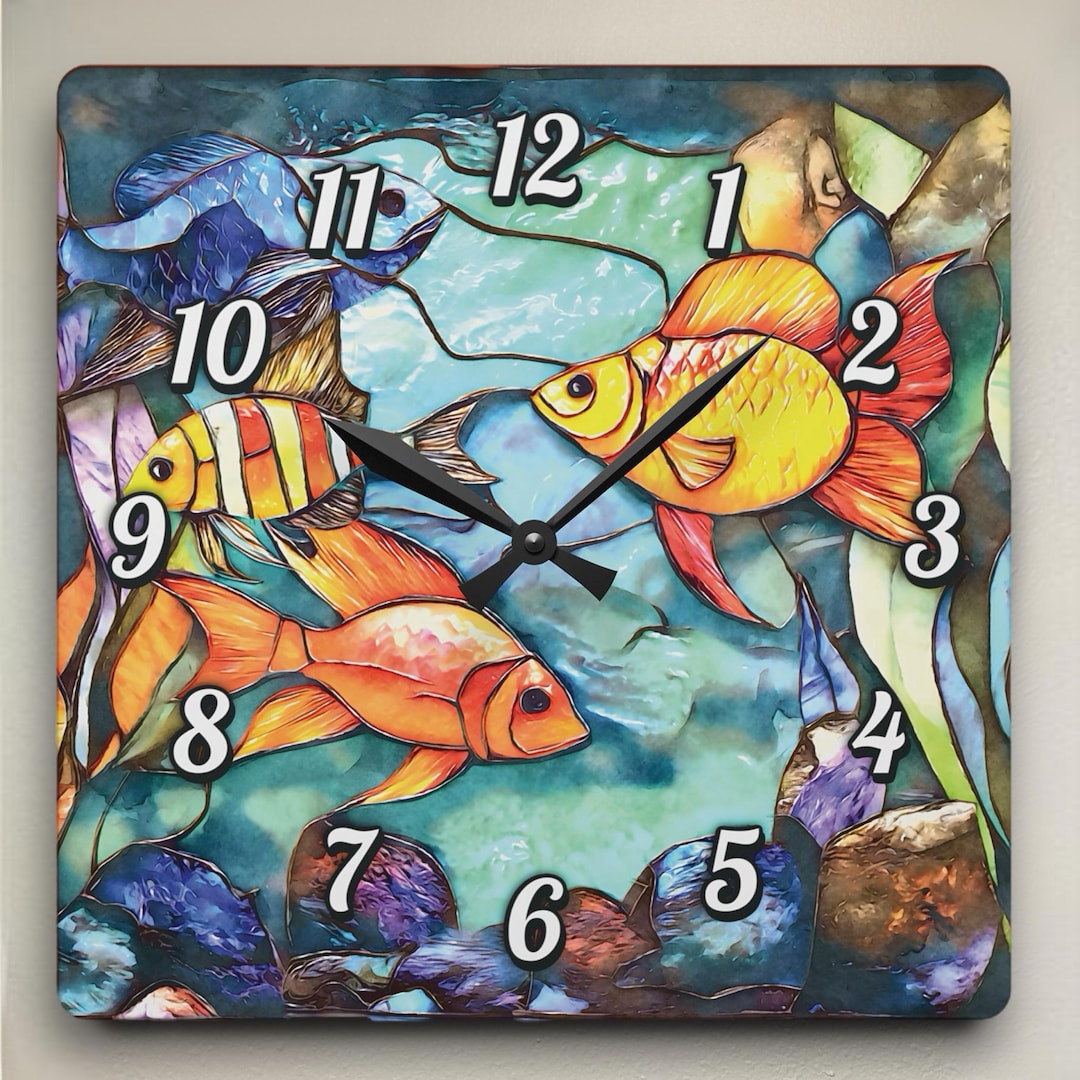 Stained Glass Style Fish Wall Clock: Vibrant Ocean Decor, Unique ...