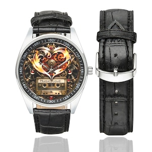 Steampunk Music Fan Watch - Heart & Retro Vinyl Record Wristwatch image 9