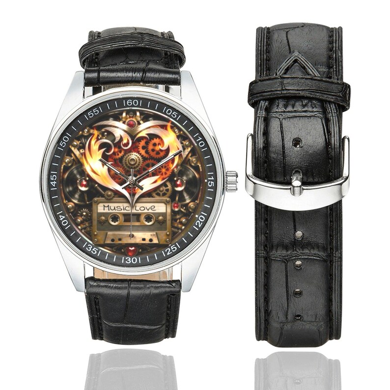 Steampunk Music Fan Watch - Heart & Retro Vinyl Record Wristwatch image 9