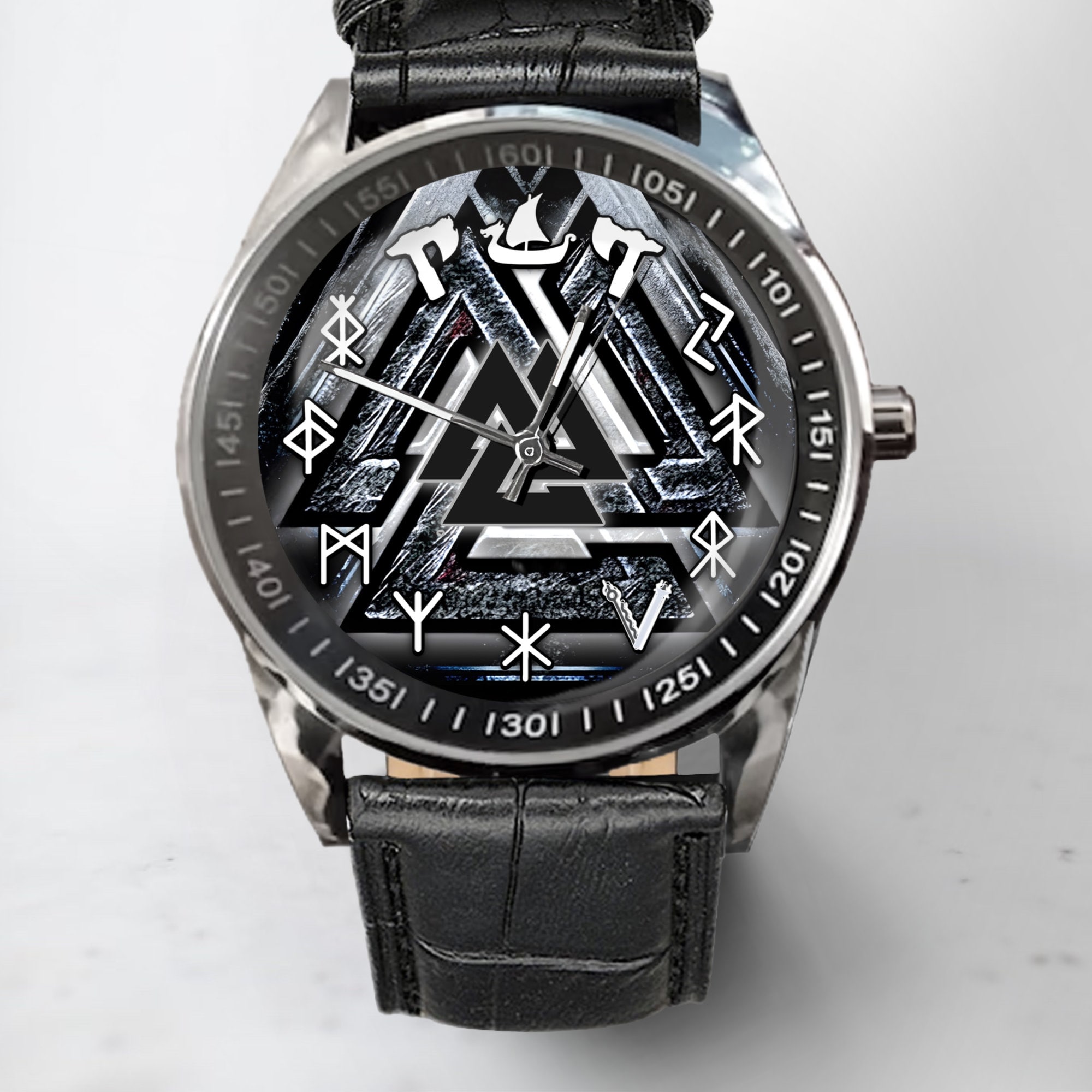 Viking Shield Watch, Valknut Pagan Jewelry, Unique Watches with Leather Band
