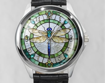 Dragonfly Watch, Stained Glass Printed Timepiece, Wearable Art Accessory, Unique Gift for Women