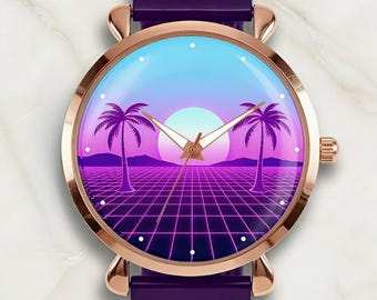 Retro 80s and 90s Watch, Synthwave Sunset Wristwatch, Neon Cyberpunk Gift for Men and Women, Leather or Steel Band