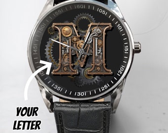 Steampunk Initial Watch: Personalized Men&#39;s Leather Band Watch
