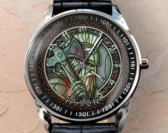 Viking Watches for Men, Unique Design Watch, Custom Name, Armored Norse God, Battle Axe Watch, Diver Style Dial, Odin Gift Gift Idea for Dad