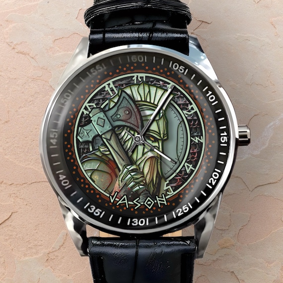 Viking Watches for Men, Unique Design Watch, Custom Name, Armored Norse God, Battle Axe Watch, Diver Style Dial, Odin Gift Gift Idea for Dad