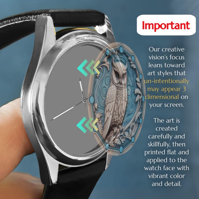 May include: A silver wristwatch with a black leather strap. The watch face has a grey background and an owl design in a blue and white frame. The text "Important" is visible.