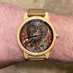Wooden Watches for Women, Bird Watch, Unique Watches, Floral Wristwatch, Engraved Watch, Watches for Women, Gift for Mom, Gift for Wife