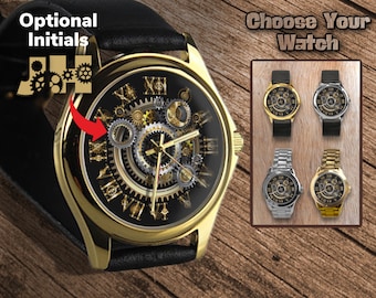 Steampunk Gear Watch: Custom Initials, Gold or Silver, Leather or Steel Handmade Stainless Steel Leather Watches
