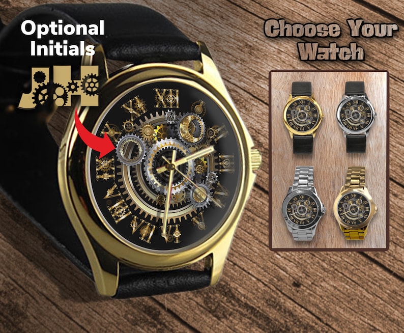K&ouml;nnte beinhalten: Goldene Uhr mit schwarzem Zifferblatt und komplizierten Zahnr&auml;dern, die durch das Zifferblatt sichtbar sind. Die Uhr hat ein schwarzes Lederarmband. Das Bild zeigt auch drei weitere Uhren mit verschiedenen Armband-Stilen: schwarzes Leder, silbernes Metall und goldenes Metall.