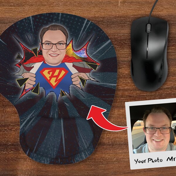 Personalized Mouse Pad with Wrist Rest, Superhero Portrait from Photo, Cartoon Mouse Pad, Office Gift for Him, Mouse Pad for Men,