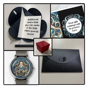 May include: A collection of gift items including a watch with an octopus design and the name "Jarod", a red box, a black envelope, and a card with the text "Your gift message will be printed here."
