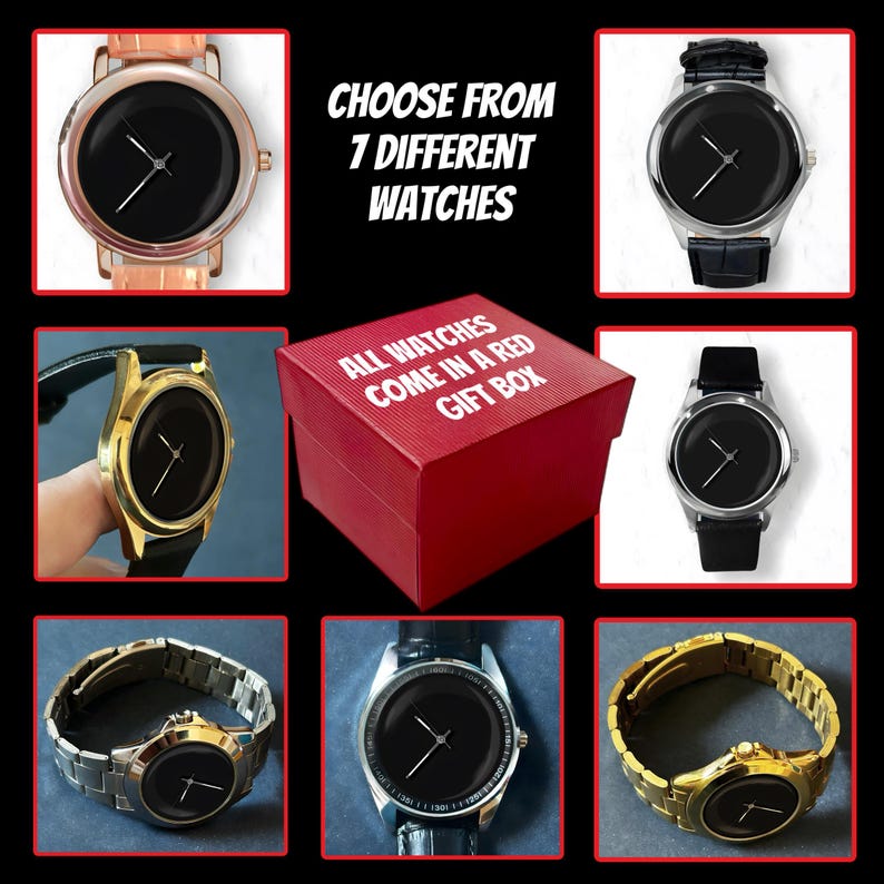 May include: Image features seven different watches with black faces and minimalist designs. The watches have various band styles and metal finishes, including gold, silver, and black. A red gift box with white text is also present. Text reads: "CHOOSE FROM 7 DIFFERENT WATCHES."