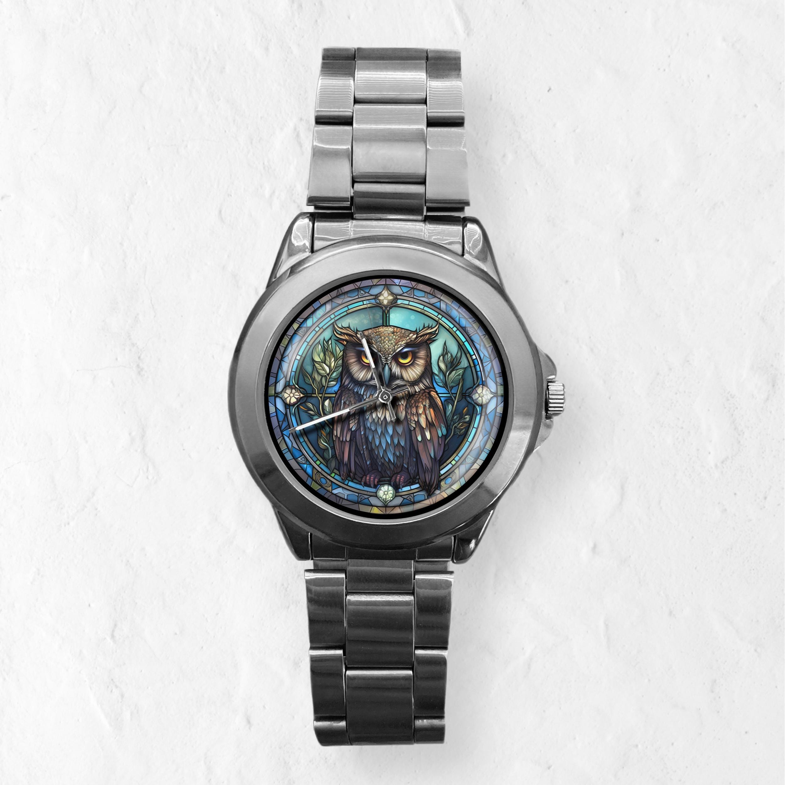 Majestic Owl Watch: Faux Stained Glass Dial, Unisex 
