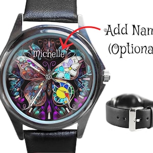 Butterfly Watch: Stained Glass Hummingbird, Personalized Name Watch