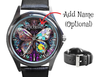 Butterfly Watch: Stained Glass Hummingbird, Personalized Name Watch Handmade Stainless Steel Leather Watches