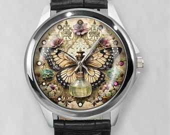 Avant Garde Butterfly Watch, Vintage Floral Watch Face, Unique Watch for Women and Men Handmade Stainless Steel Leather Watches