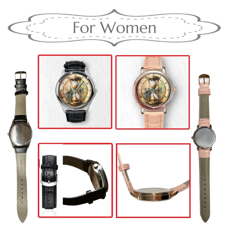 K&ouml;nnte beinhalten: Eine Auswahl an Uhren mit Lederarmb&auml;ndern. Die Zifferbl&auml;tter zeigen ein Sanduhr-Design. Eine Uhr hat ein schwarzes Armband, die andere ein rosa Armband. Der Text "For Women" befindet sich oben im Bild.