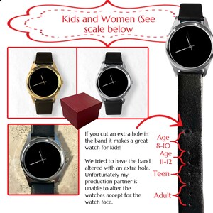 Puede incluir: La imagen muestra varios relojes con esferas negras y correas de cuero. Un reloj tiene una caja dorada, otro plateada y un tercero azul. Tambi&eacute;n hay una caja de regalo roja. El texto dice "Kids and Women (See scale below)".
