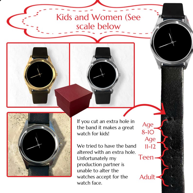 Puede incluir: La imagen muestra varios relojes con esferas negras y correas de cuero. Un reloj tiene una caja dorada, otro plateada y un tercero azul. Tambi&eacute;n hay una caja de regalo roja. El texto dice "Kids and Women (See scale below)".