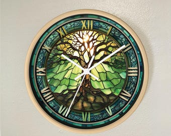 Tree of Life Wooden Wall Clock: Faux Stained Glass Art